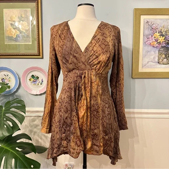 Vintage Alberto Makali Mini Dress Large Brown Cheetah Print Boho Tunic Going Out - Picture 1 of 8
